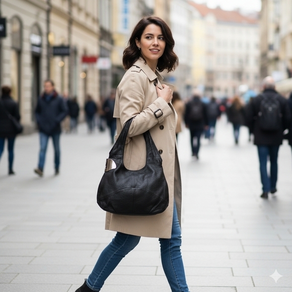 Halston Heritage Handbags - Halston Heritage Women's Black Pebbled Leather Metal Hinge Monogram Hobo Purse